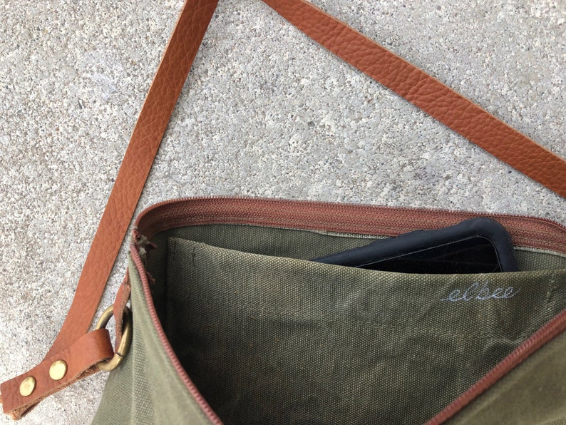 Re-purposed Canvas Military Army Green Leather Crossbody Bag 040 image 5