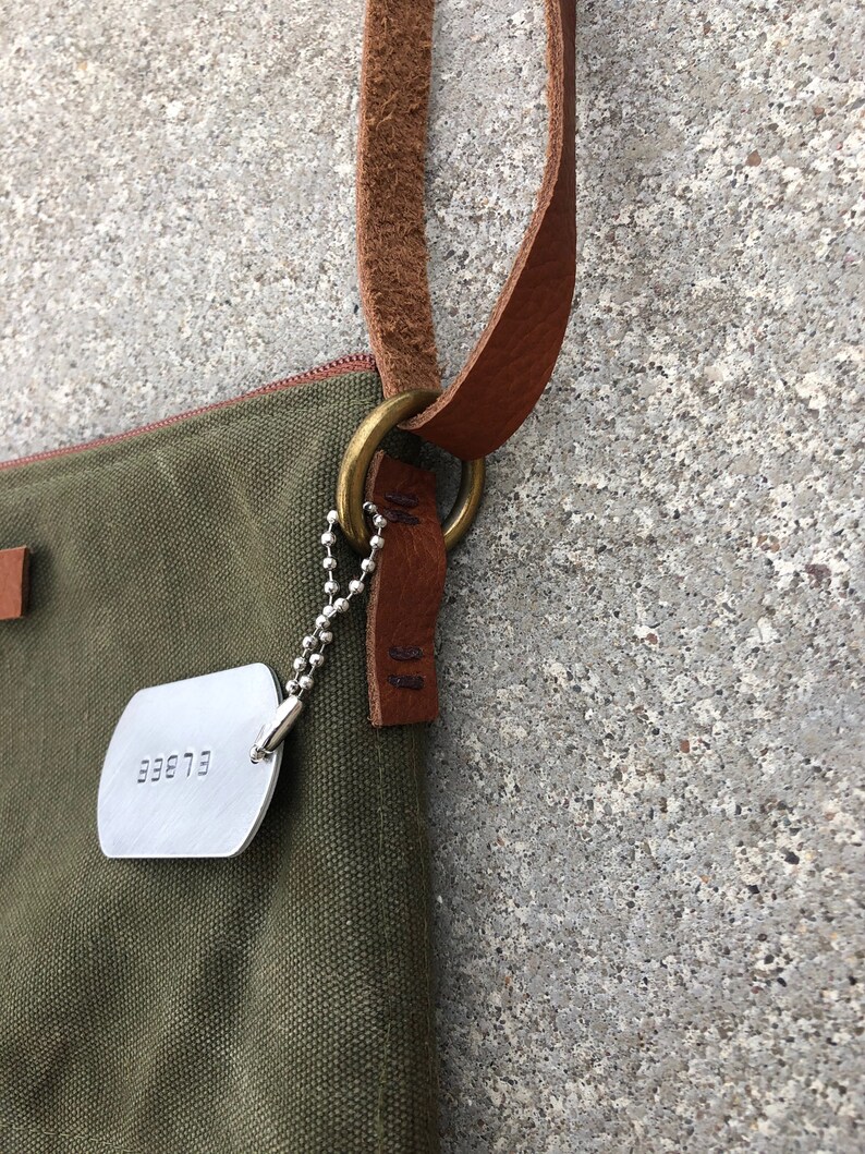 Re-purposed Canvas Military Army Green Leather Crossbody Bag 040 image 4