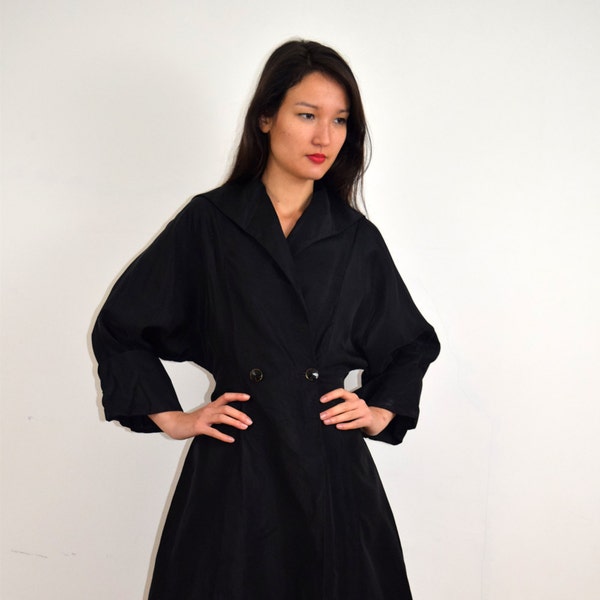 1950s Original Black Dress Coat in Silk Taffeta