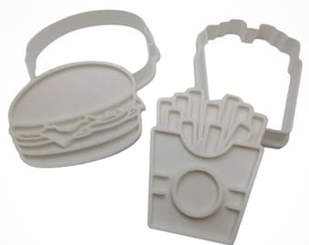 Hamburger and french fries cookie cutters and stamps; Fast food cookie cutters; Hamburger cookie cutter; French Fries cookie cutters