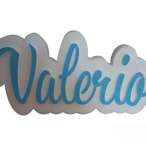 Könnte beinhalten: Weißer Schaumstoff-Ausschnitt des Namens "Valeria" in blauen Buchstaben.