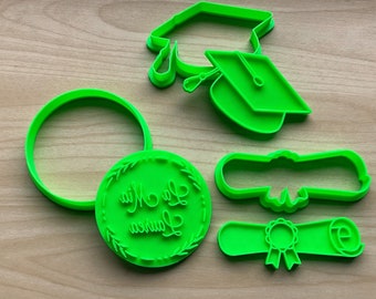 Set di formine per biscotti per il giorno della laurea - Taglierina rotonda personalizzata - Francobolli per diploma, cappello e corona d'alloro - Taglierina personalizzabile - Stampato in 3D