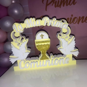 Elegante decorazione in polistirolo per la Prima Comunione - 40 cm x 5 cm - Colombe glitterate e coppa per la Comunione dorata