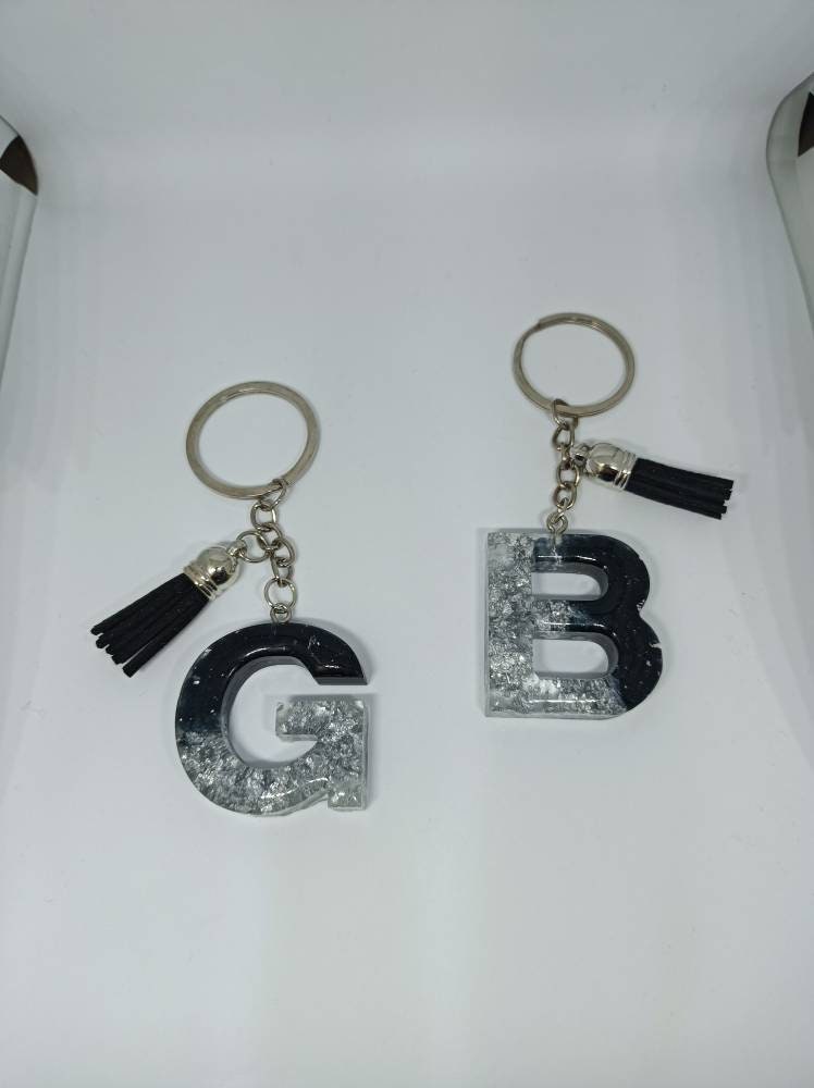 Black and Silver Resin Keychain-letter Resin Keychain-gift for Her