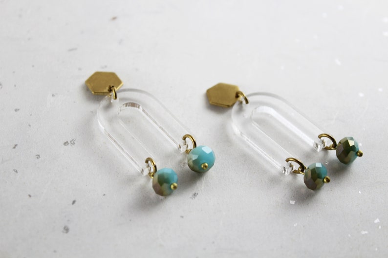 Minimalist Lasercut Earrings Geometric Brass Hexagon Hypoallergenic U shape Arc Earrings GEMMA Gemstone Horseshoe Dangle Earrings