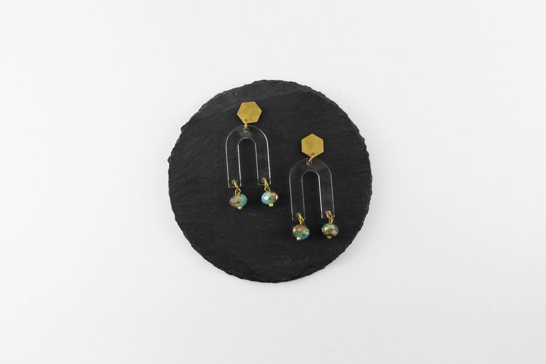 Minimalist Lasercut Earrings Geometric Brass Hexagon Hypoallergenic U shape Arc Earrings GEMMA Gemstone Horseshoe Dangle Earrings