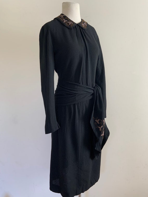 Vintage 1940s Beaded Black Wool Dress / VIntage 40