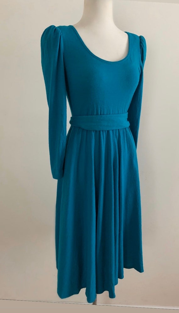 Vintage 1980s Teal Wool Long Sleeve Knit Dress / V