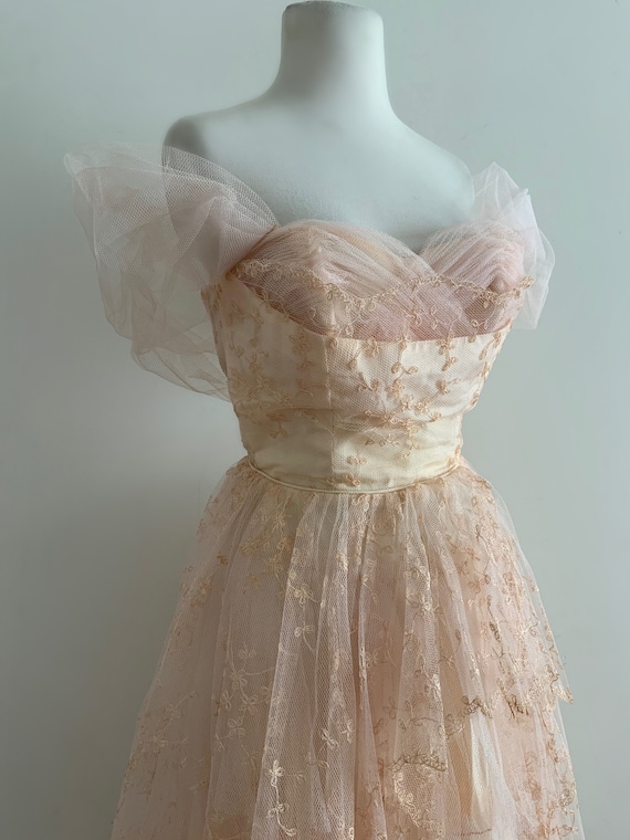 Vintage 1950s Pink Tulle Gown / Vintage 50s Embroi