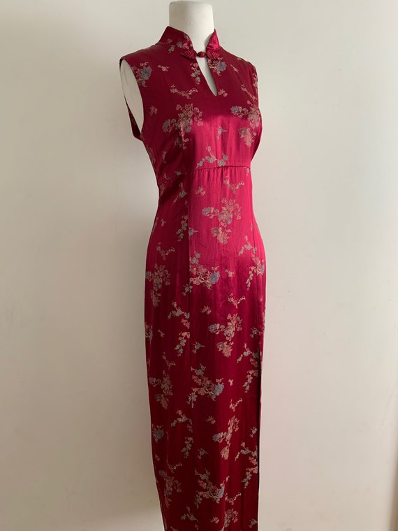 Vintage 1990s Cranberry Satin Cheongsam Dress / Vi
