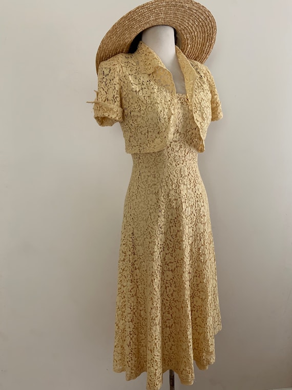Vintage 1940s Yellow Cotton Lace Dress And Matchi