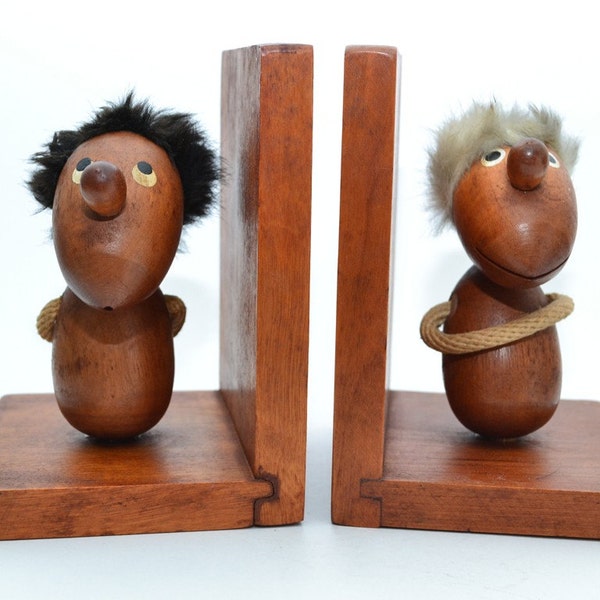 Vintage teak wood mid century bookends  Optimist and Pessimist