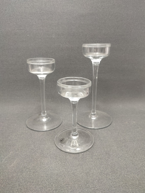 3er Set Drei vintage IKEA Blomster Kerzenhalter aus klarem Glas für Windlichter Teelichter
