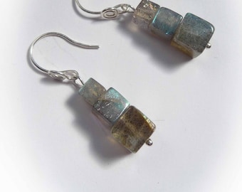 Labradorite Cube Earrings With All 925 Sterling Silver Hand Forged Spiral Ear-wires