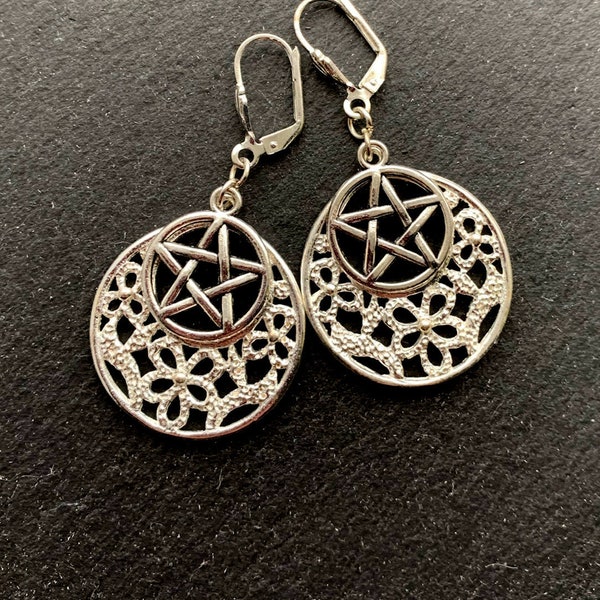 Artemis Full Moon Floral Goddess Pentacle Earrings. 925 Sterling Silver & Titanium Ear-wire Options.