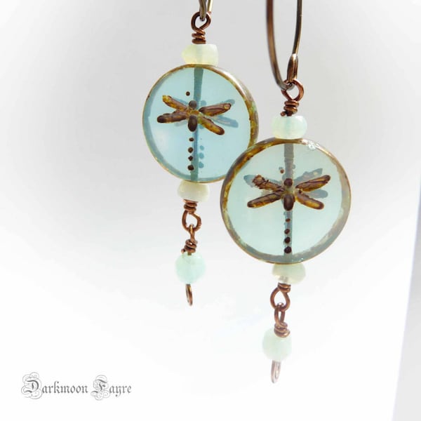 Blue Opal Dragonfly Dreams Hoop Earrings And Picasso Serenity Glass With Antiqued Bronze Wire. Niobium Earwire Option