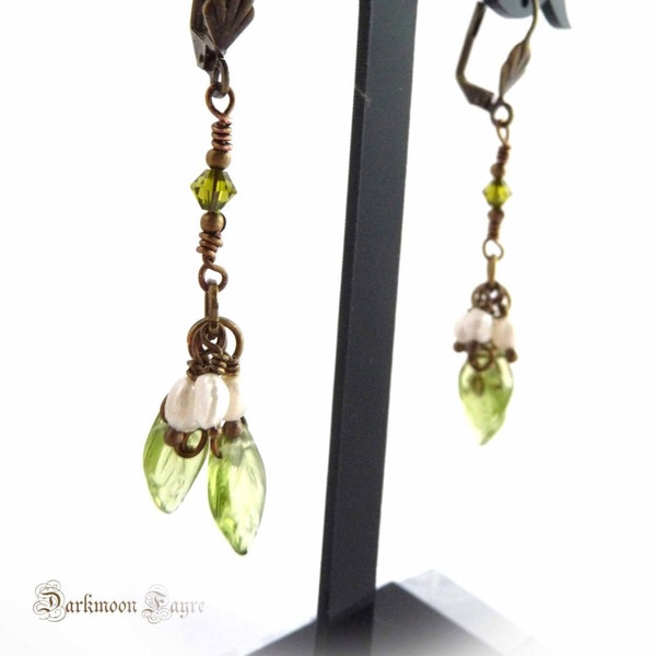 Mistletoe Earrings With Fresh Water Pearls And Crystal Glass In Antiqued Bronze. Niobium Ear-wire option