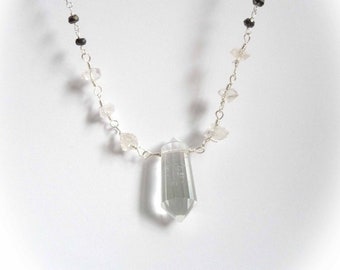 Herkimer Diamond, Rock Crystal And Black Spinel Double Point Necklace In 925 Sterling Silver