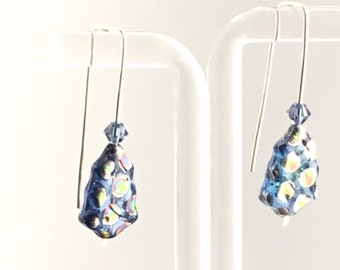 Christmas Tree Earrings In Blue Dichroic Glass Trees With 925 Sterling Silver Hand Forged Ear-wires