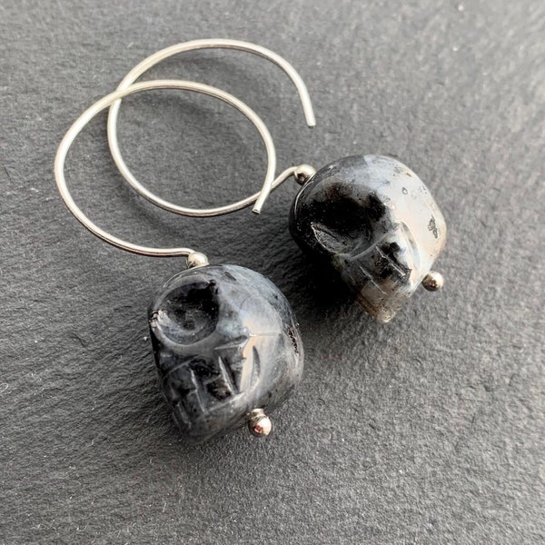 Norwegian Larvikite Legend of the Crystal Skull Hoop Earrings With All 925 Sterling Silver Hand Forged Ear-wires