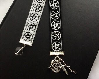 Fortuneteller's Bookmark With Tarot Suit Charms And Pentacle Weave Silver Jacquard Ribbon And Clear Quartz Rock Crystal Ball