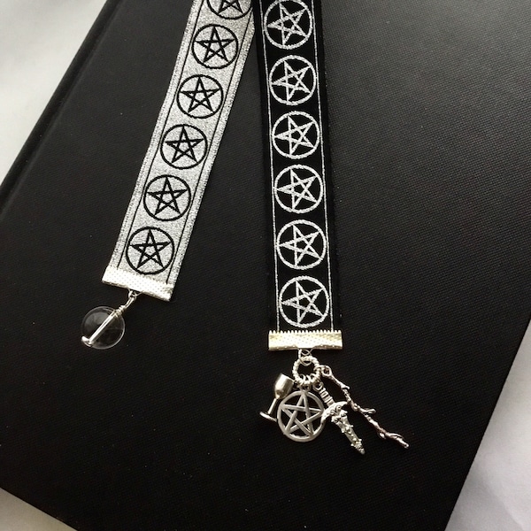 Fortuneteller's Bookmark With Tarot Suit Charms And Pentacle Weave Silver Jacquard Ribbon And Clear Quartz Rock Crystal Ball