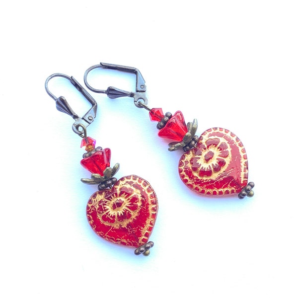 Victorian Valentine Earrings With Red Glass Hearts And Flowers In Antiqued Bronze. Niobium Ear-wire Option