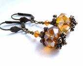 Amber Crystal Glass Victorian Bauble Earrings. Aurora Borealis Swarovski. Antiqued Bronze. Niobium Ear-wire Option. Christmas Yule Jewelry