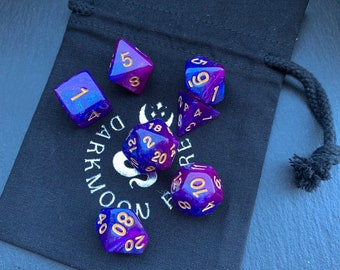 Purple Pink Galaxy D&D 7 Polyhedral Dice Set With A Fairtrade Cotton Storage Pouch