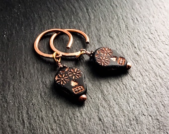 Skull Earrings for Stretched 12g Ears In Black & Copper Matte Glass With Hand-forged Ear-Wires