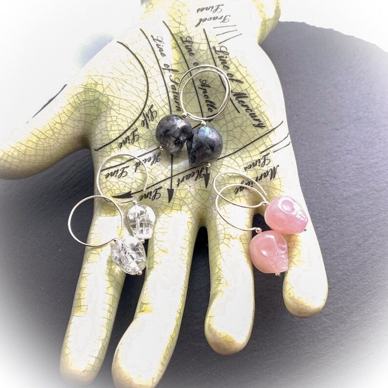 Halloween Jewelry. Rose Quartz Legend of the Crystal Skull Hoop Earrings All 925 Sterling Silver Hand Forged Ear-wires