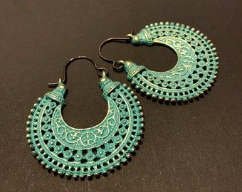 Tribal Style Gypsy Hoop Earrings With Hypo-Allergenic Niobium Ear-Wires. Verdigris Bronze/Antique Gold Filigree.