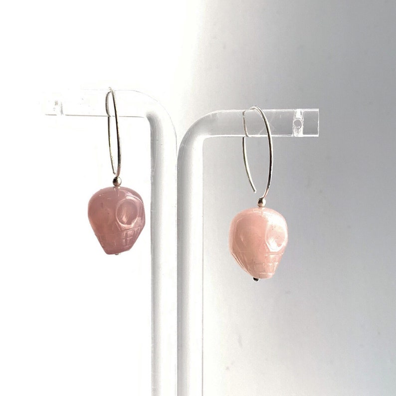 Halloween Jewelry. Rose Quartz Legend of the Crystal Skull Hoop Earrings All 925 Sterling Silver Hand Forged Ear-wires