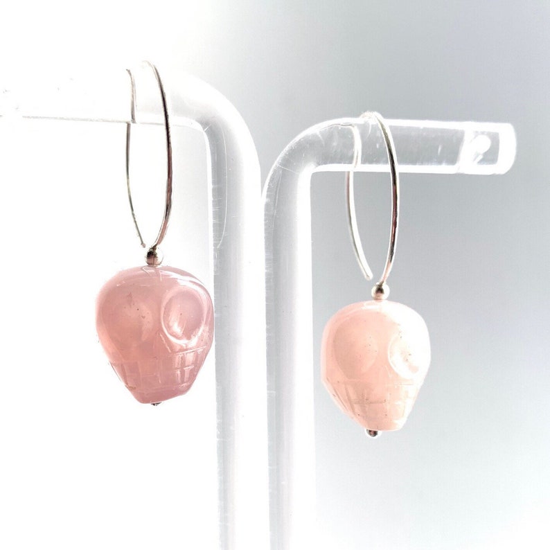 Halloween Jewelry. Rose Quartz Legend of the Crystal Skull Hoop Earrings All 925 Sterling Silver Hand Forged Ear-wires