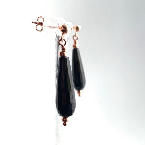 Faceted Black Onyx Teardrop Earrings, With Ball Post Ear-wires In 9ct Rose Gold Plated 925 Sterling Silver.