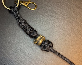 Snake Netsuke Style Keyring In Antiqued Bronze, can also be used as a zipper pull, knife lanyard, bag or boot charm