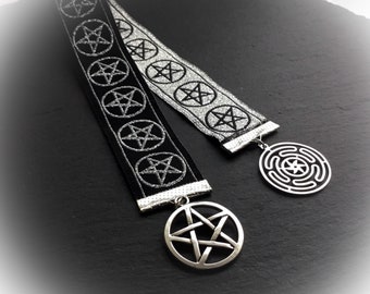 Witchy Bookmark Hecate's Wheel & Pentacle In Woven Metallic Silver And Black Jacquard Ribbon