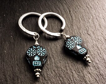 Skull Earrings In Black And Turquoise Glass For Stretched Ears With Hand-forged Ear-Wires