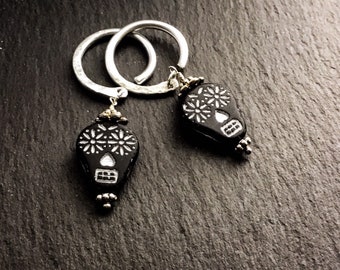 Day of The Dead Earrings for Stretched Ears In White and Black Matte Glass With 12G Hand-forged Ear-Wires. Calavera Sugar Skull