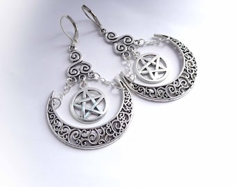 Artemis Moon Goddess Earrings. Pentacle, Triskele & Crescent Moon. Gypsy Hoops. Sterling Silver Ear-wire Option. Halloween Jewelry.