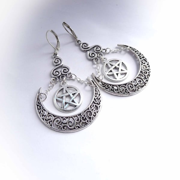Artemis Moon Goddess Earrings. Pentacle, Triskele & Crescent Moon. Gypsy Hoops. Sterling Silver Ear-wire Option. Halloween Jewelry.