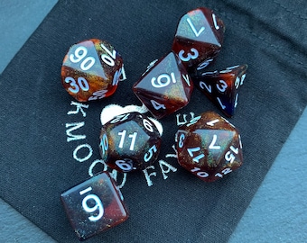 Burning Ember Dragon Aurora D&D 7 Dice Set With A Fairtrade Cotton Storage Pouch