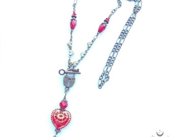 Victorian Valentine Necklace In Antiqued Bronze With Red Glass Heart, Padlock & Key Toggle