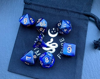 Cobalt Night Sky Wizard D&D 7 Polyhedral Dice Set With A Fairtrade Cotton Storage Pouch