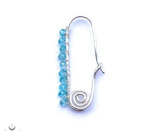 Single Safety Pin Earring In Neon Blue Apatite And All Solid 925 Sterling Silver Hand Forged Wire