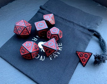 Red And Black Evocation Glyph 7 Dice D&D Set With A Fairtrade Cotton Storage Pouch