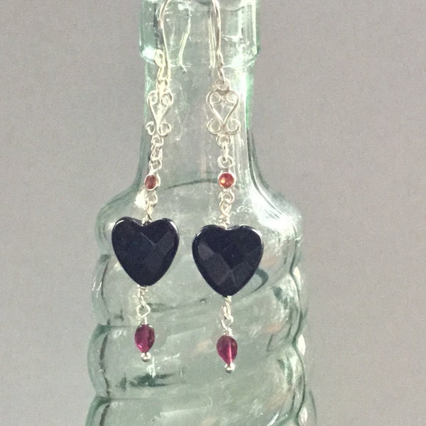 Bloody Valentine Black Onyx Heart Earrings With Faceted Garnets In All 925 Sterling Silver