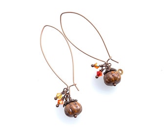 Halloween Pumpkin Earrings In A "Picasso" Finish Czech Glass With Antiqued Bronze Wires. Optional Niobium Ear-wires