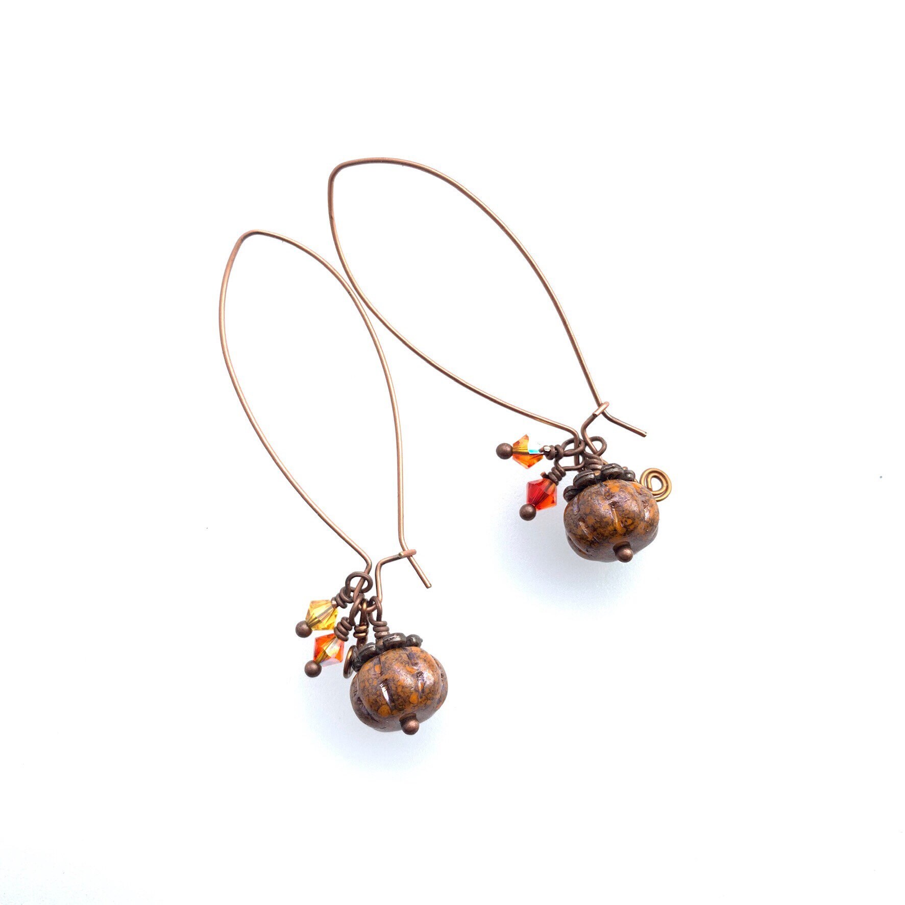 Halloween Pumpkin Earrings In A "Picasso" Finish Czech Glass With Antiqued Bronze Wires. Optional Niobium Ear-wires