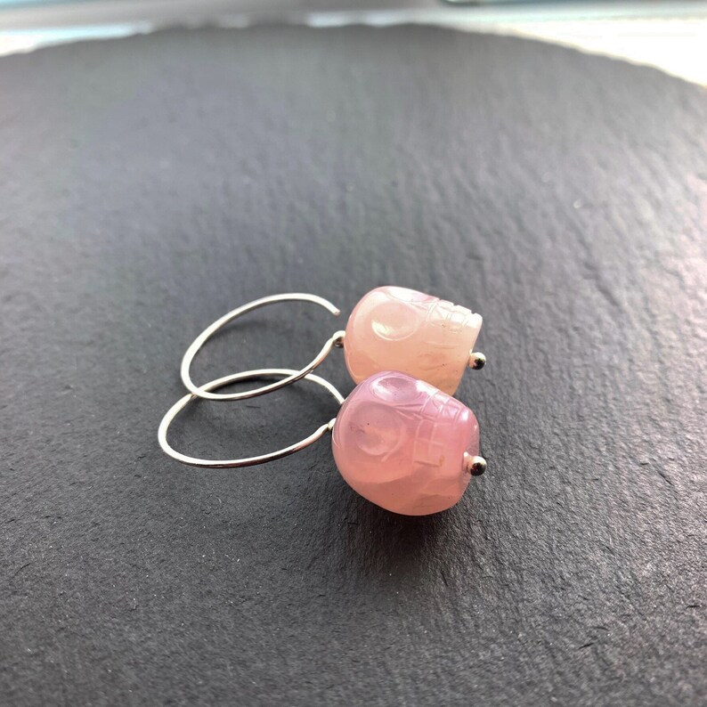 Halloween Jewelry. Rose Quartz Legend of the Crystal Skull Hoop Earrings All 925 Sterling Silver Hand Forged Ear-wires